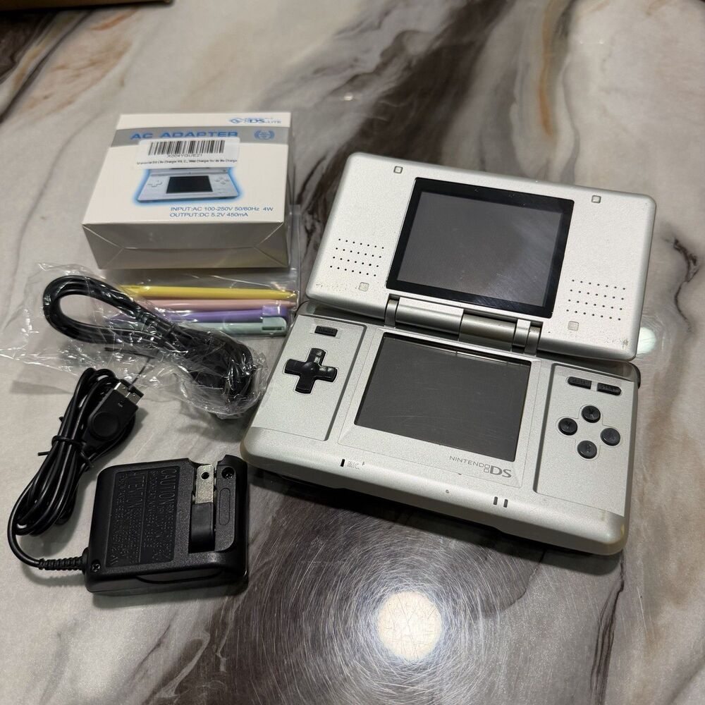 Nintendo DS Original Console NTR-001 Titanium Silver - Tested Works w/ Charger